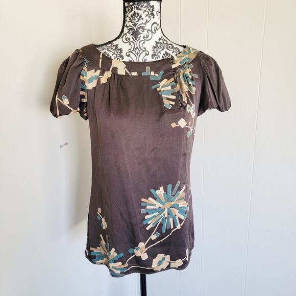 Trina Turk Brown Short Sleeve 100% Silk Top - Picture 1 of 5
